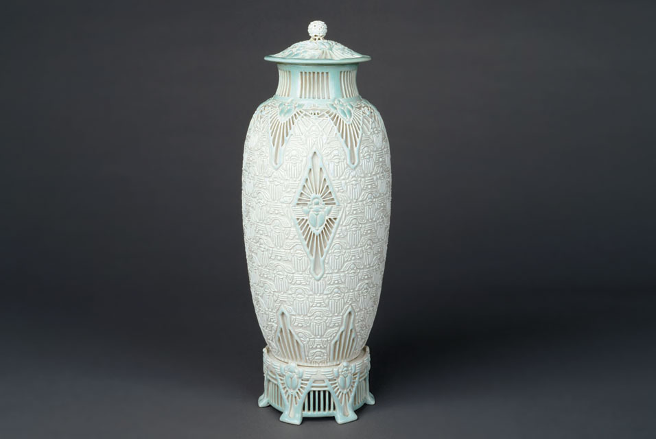 Adelaide Alsop Robineau, American (1865 - 1929), Scarab Vase (The Apotheosis of the Toiler), 1910. Porcelain. Museum purchase.