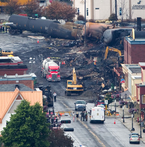 LAC-MEGANTIC, QUE: JULY 09, 2013 -- A scene of the devastation in downtown Lac-Mégantic, Quebec Tuesday, July 9, 2013 after Saturday's runaway train disaster in the small community. The train, with oil-filled cars behind it derailed. Explosions and fireballs followed causing loss of life and heavy destruction. (John Kenney /THE GAZETTE)