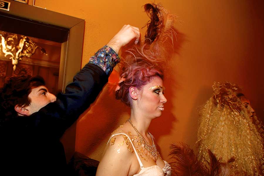 BLOWOUT 2014. Last minute touch-up. Model Heather Clemens and hairstylist John Hart/ C.W. Gorgeous