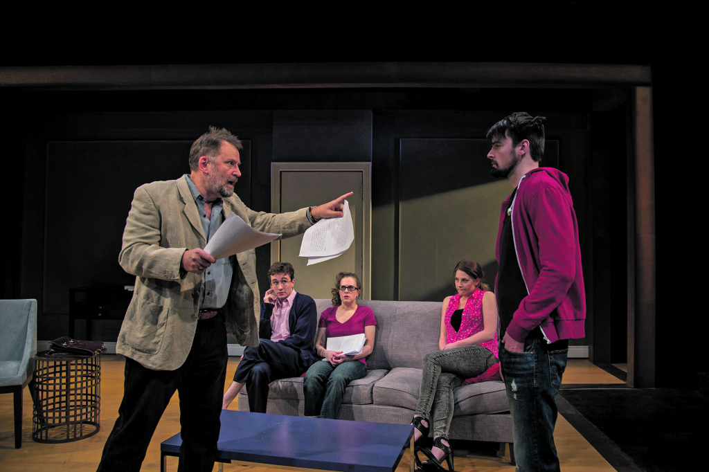 Brian Dykstra, Matthew Bretschneider, Dana Berger, Alex Sunderhaus and David McElwee in Kitchen Theatre's Seminar. Photo by Dave Burbank.