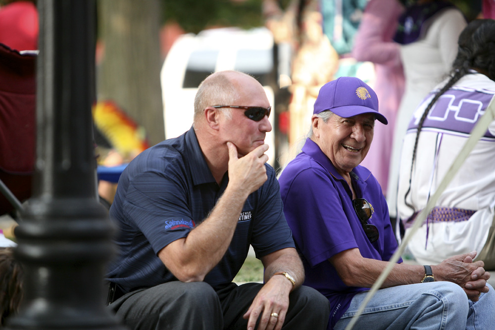 New Times publisher Bill Brod with Oren Lyons at Stage of Nations Blue Rain EcoFest | Michael Davis Photo