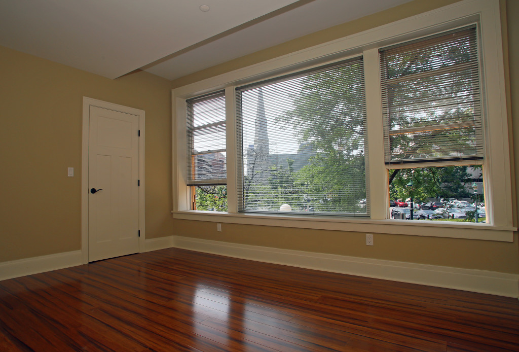 St. Paul's Episcopal Cathedral can be seen from the bedroom of the model unit in the Courier Building. Photo by Gloria Wright | Syracuse New Times