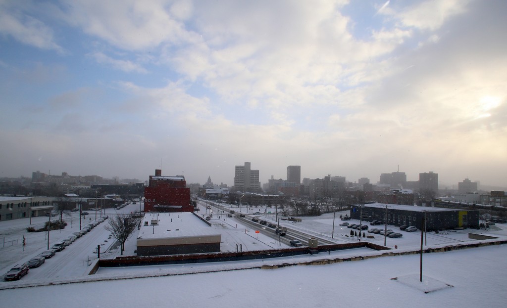 Even on a snowy day, the view from the roof of the former C.G. Meaker Food Co. warehouse shows downtown Syracuse. On a clear day, both Destiny USA and the hills and valleys south of the city are visible.