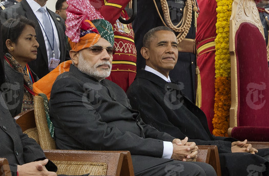 President Barack Obama and Indian Prime Minister Narenda Modi watch a parade and award ceremony during India's Republic Day celebration in New Delhi on Jan. 26.
