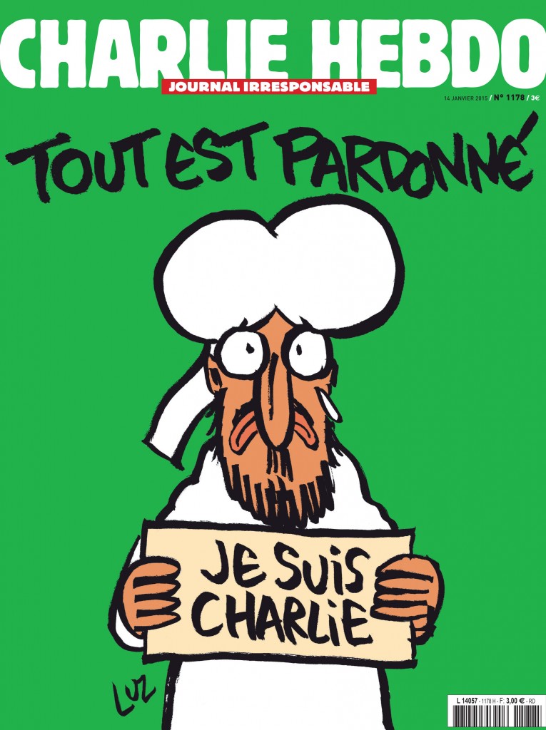 A handout document released on January 12, 2015 in Paris by French newspaper Charlie Hebdo shows the frontpage of the upcoming "survivors" edition of the French satirical weekly with a cartoon of the Prophet Mohammed holding up a "Je suis Charlie" ('I am Charlie') sign under the words: "Tout est pardonne" ('All is forgiven'). The frontpage was released to media ahead of the newspaper's publication on January 14, 2015, its first issue since an attack on the weekly's Paris offices last week left 12 people dead, including several cartoonists. It also shows Mohammed with a tear in his eye. AFP PHOTO / HO /CHARLIE HEBDO
