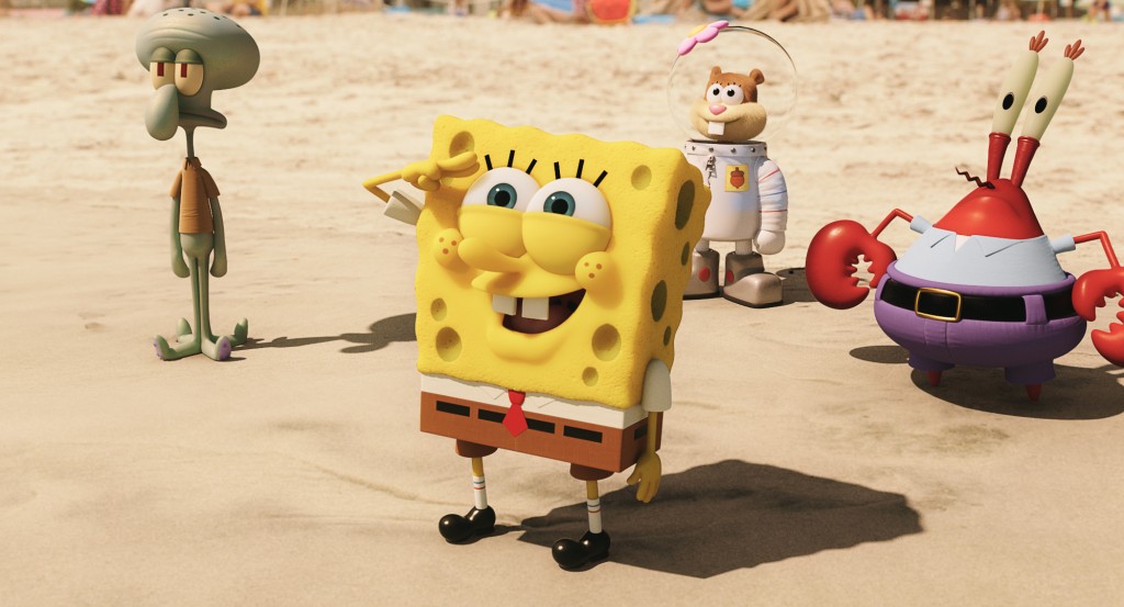 Left to right: Squidward Tentacles, SpongeBob SquarePants, Sandy Cheeks, and Mr. Krabs in THE SPONGEBOB MOVIE: SPONGE OUT OF WATER, from Paramount Pictures and Nickelodeon Movies.