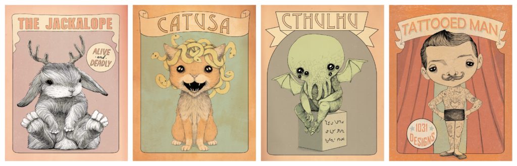 Four of Isaac Bidwell's prints: A rabbit with antelope ears, commonly known as a Jackalope; a cat with medusa hair; a tiny, cherub-like Cthulhu; and a 1920s carnival-like man with a fully tattooed body.